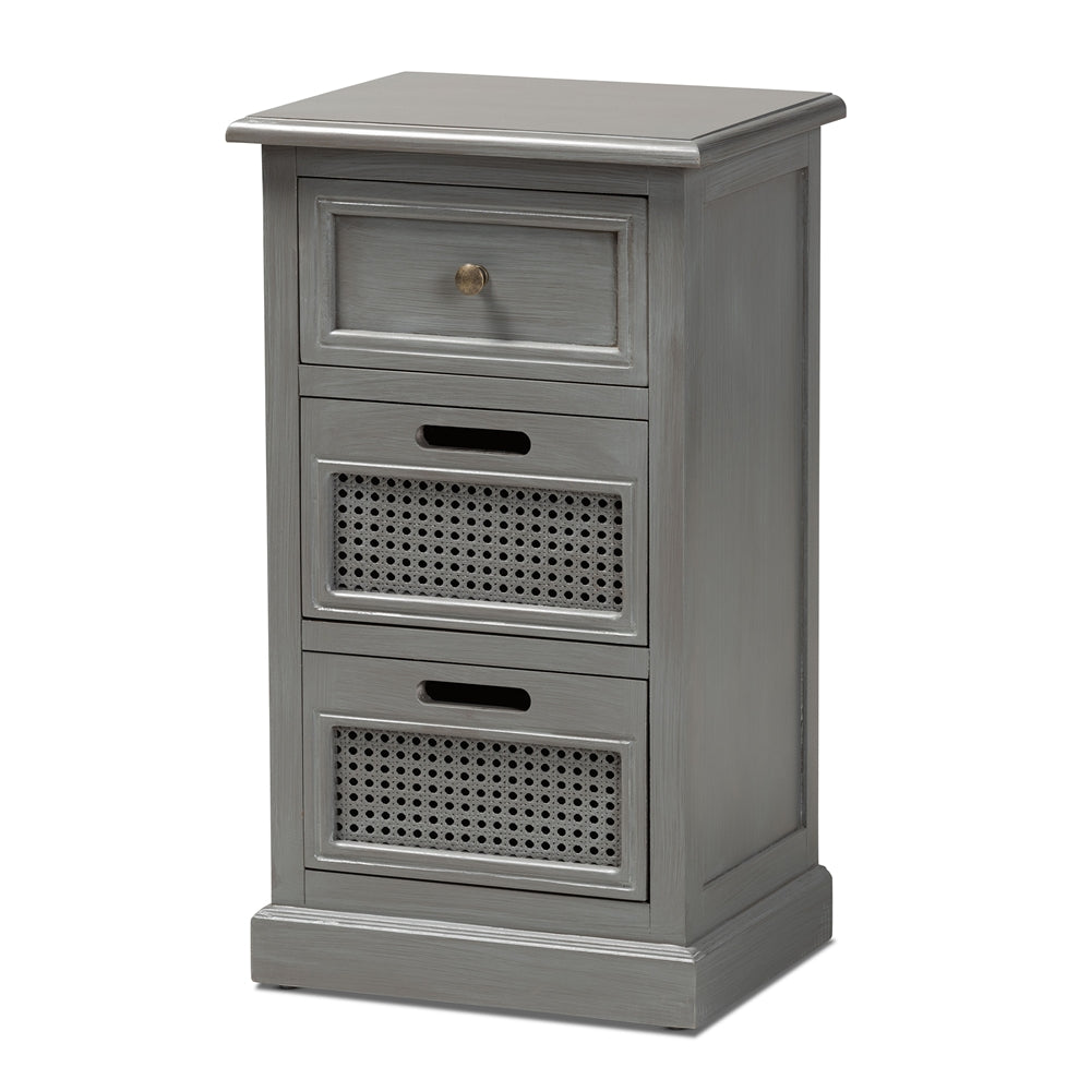 Sheldon Modern and Contemporary Vintage Grey Finished Wood and Synthetic Rattan 3-Drawer End Table