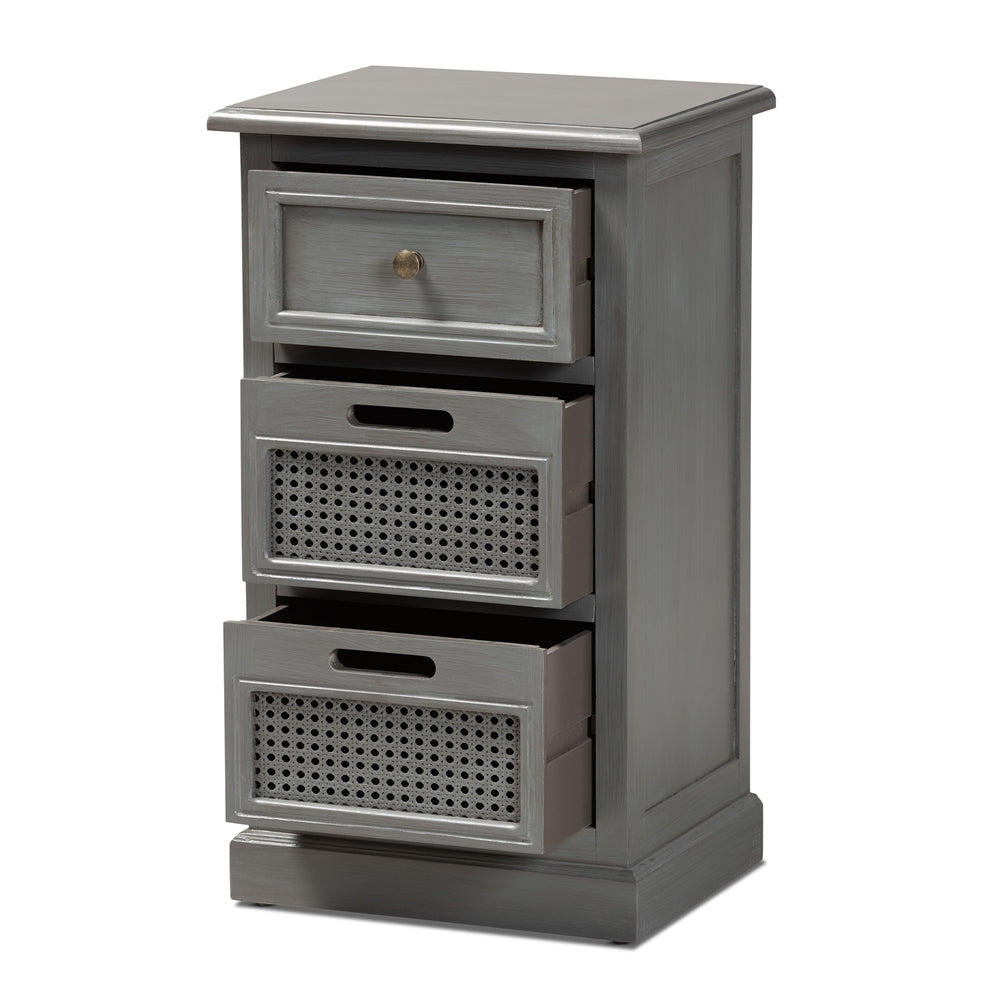Sheldon Modern and Contemporary Vintage Grey Finished Wood and Synthetic Rattan 3-Drawer End Table
