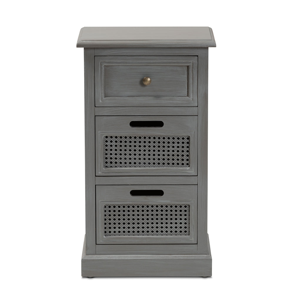 Sheldon Modern and Contemporary Vintage Grey Finished Wood and Synthetic Rattan 3-Drawer End Table