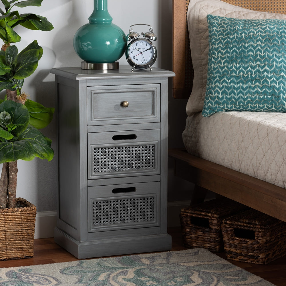 Sheldon Modern and Contemporary Vintage Grey Finished Wood and Synthetic Rattan 3-Drawer End Table