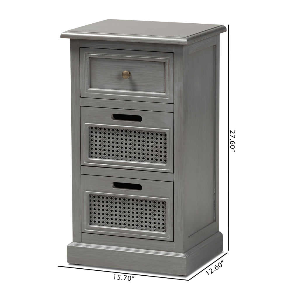 Sheldon Modern and Contemporary Vintage Grey Finished Wood and Synthetic Rattan 3-Drawer End Table
