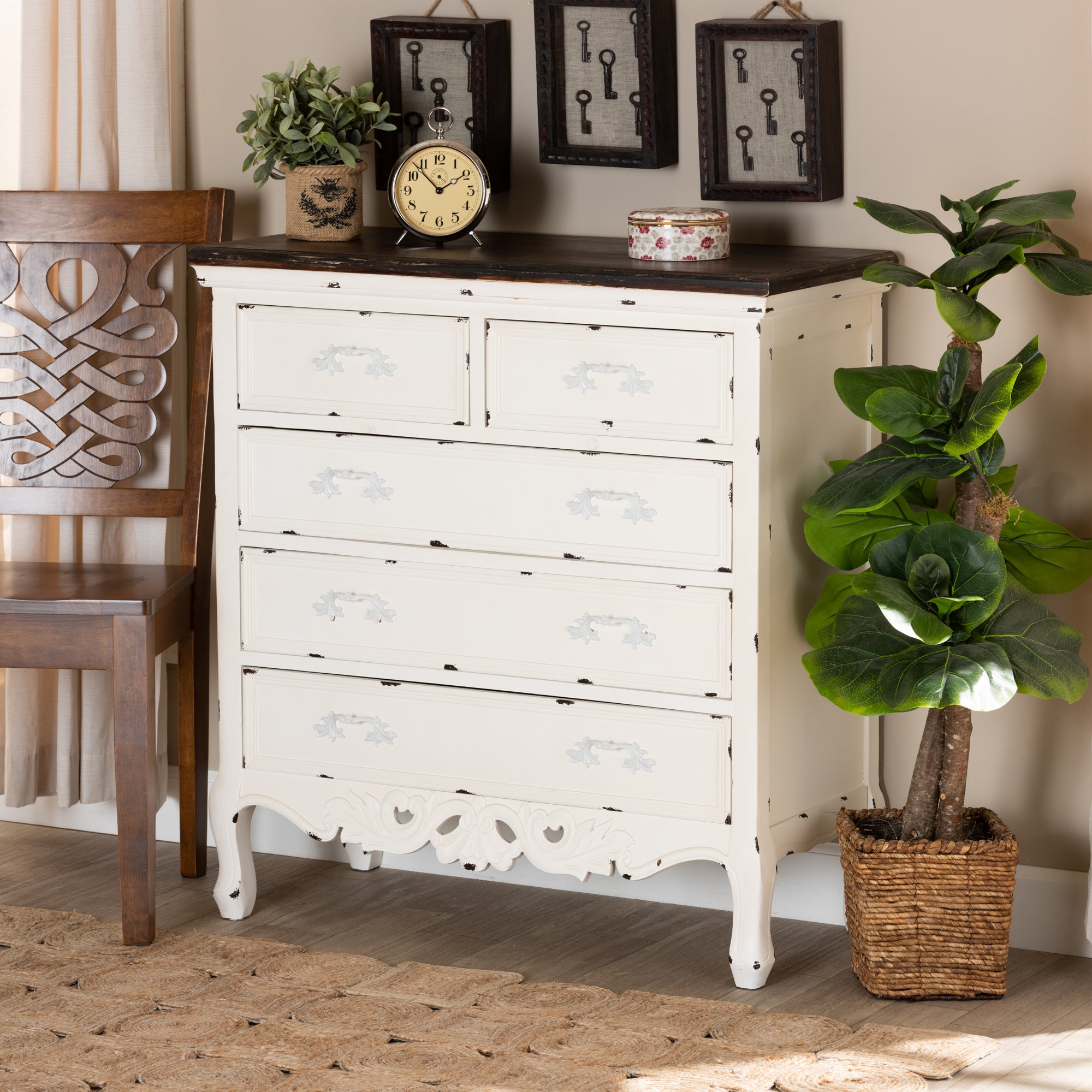 Levron Classic and Traditional Two-Tone Walnut Brown and Antique White Finished Wood 5-Drawer Storage Cabinet