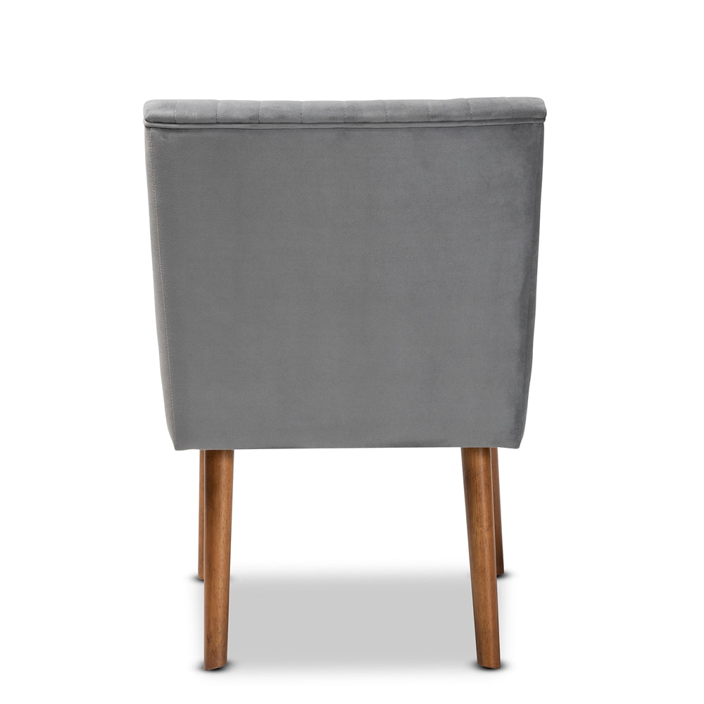 Alvis Mid-Century Modern Grey Velvet Upholstered and Walnut Brown Finished Wood Dining Chair