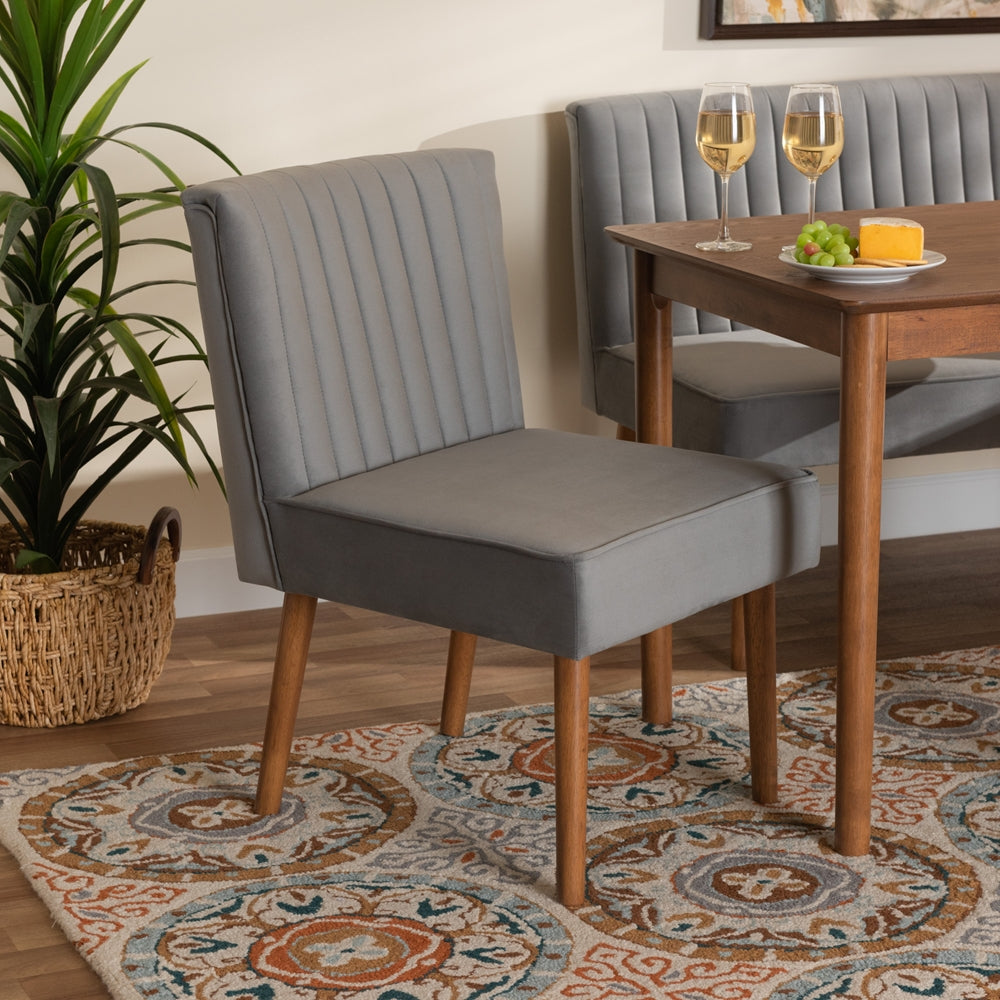 Alvis Mid-Century Modern Grey Velvet Upholstered and Walnut Brown Finished Wood Dining Chair