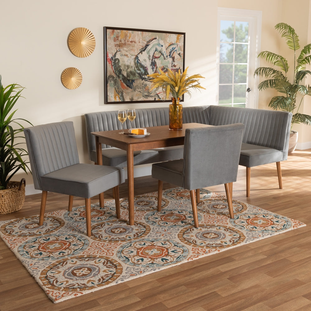 Alvis Mid-Century Modern Grey Velvet Upholstered and Walnut Brown Finished Wood 5-Piece Dining Nook Set