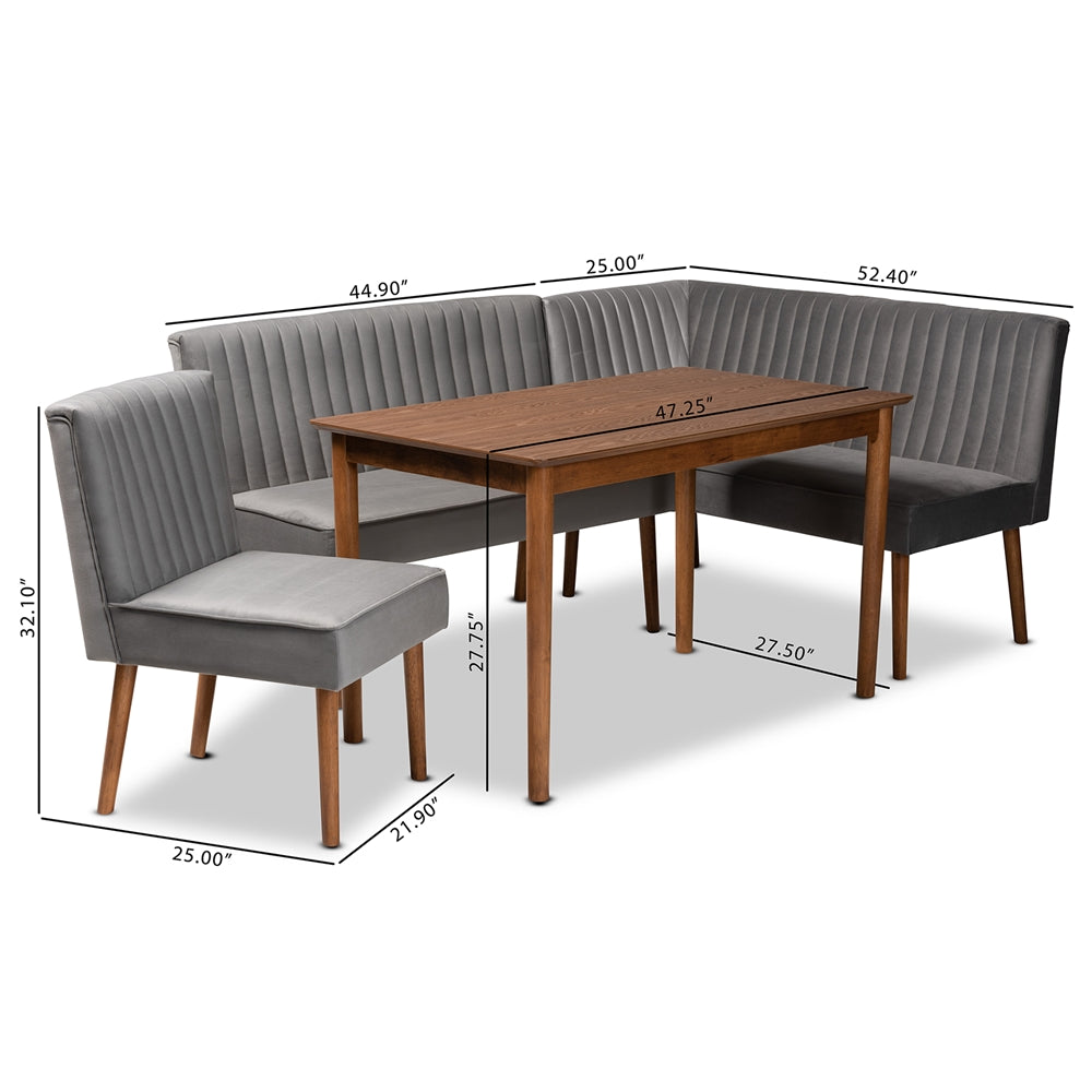 Alvis Mid-Century Modern Grey Velvet Upholstered and Walnut Brown Finished Wood 4-Piece Dining Nook Set