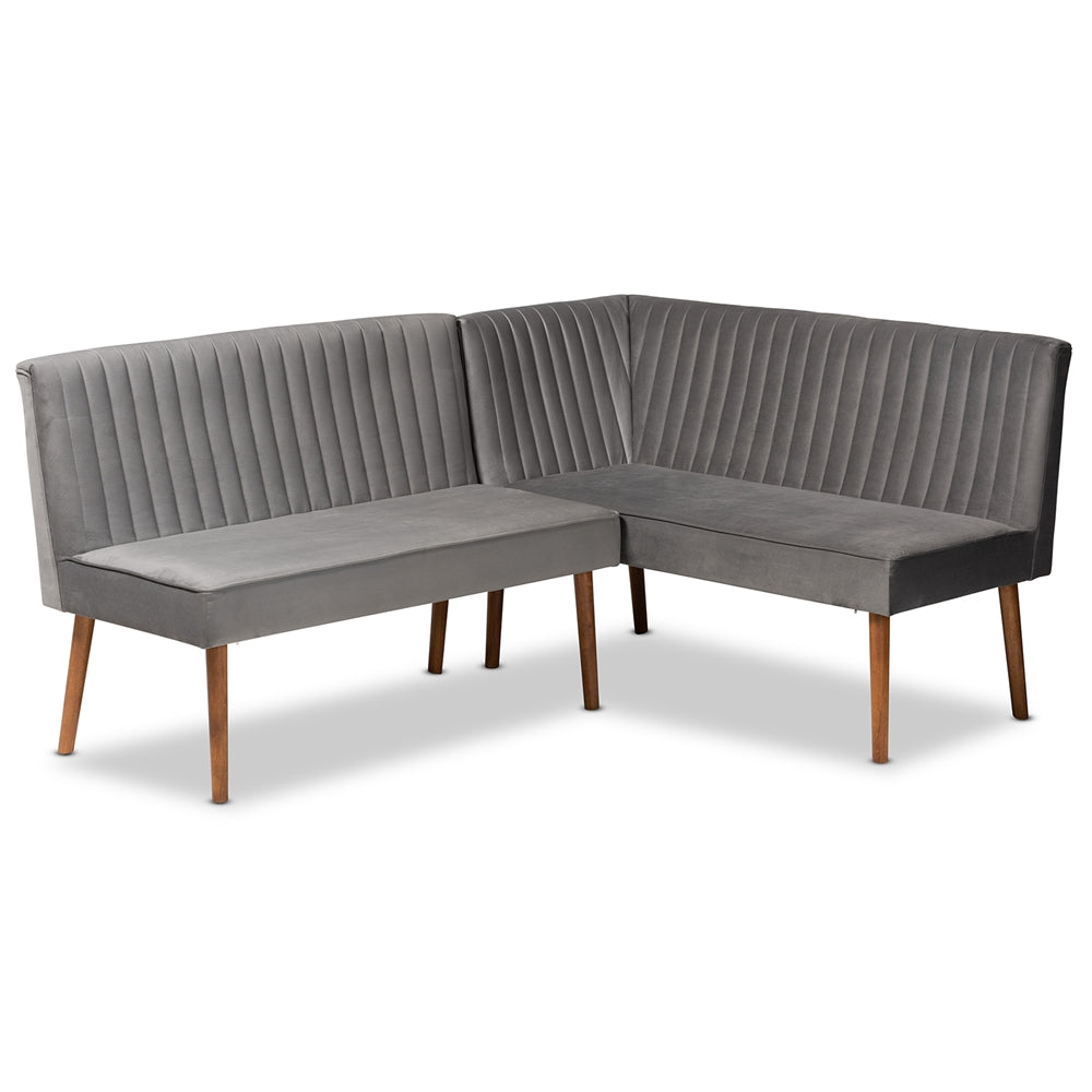 Alvis Mid-Century Modern Grey Velvet Upholstered and Walnut Brown Finished Wood 2-Piece Dining Nook Banquette Set