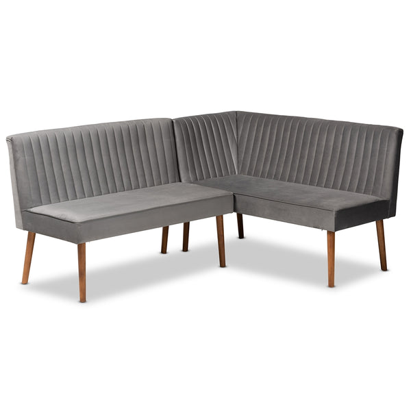Alvis Mid-Century Modern Grey Velvet Upholstered and Walnut Brown Finished Wood 2-Piece Dining Nook Banquette Set