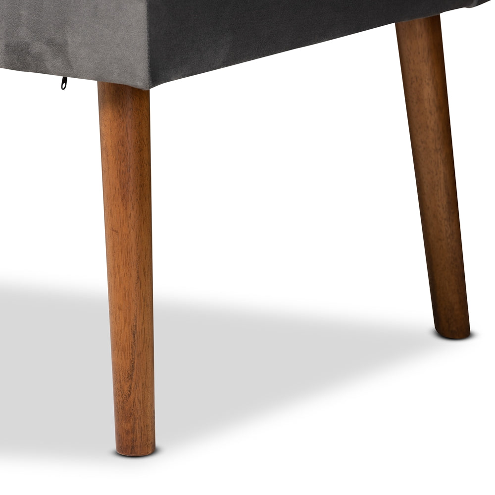 Alvis Mid-Century Modern Grey Velvet Upholstered and Walnut Brown Finished Wood 2-Piece Dining Nook Banquette Set