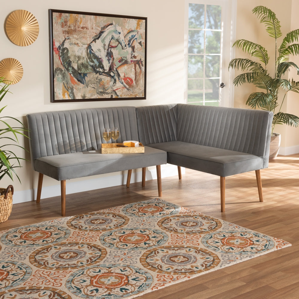 Alvis Mid-Century Modern Grey Velvet Upholstered and Walnut Brown Finished Wood 2-Piece Dining Nook Banquette Set