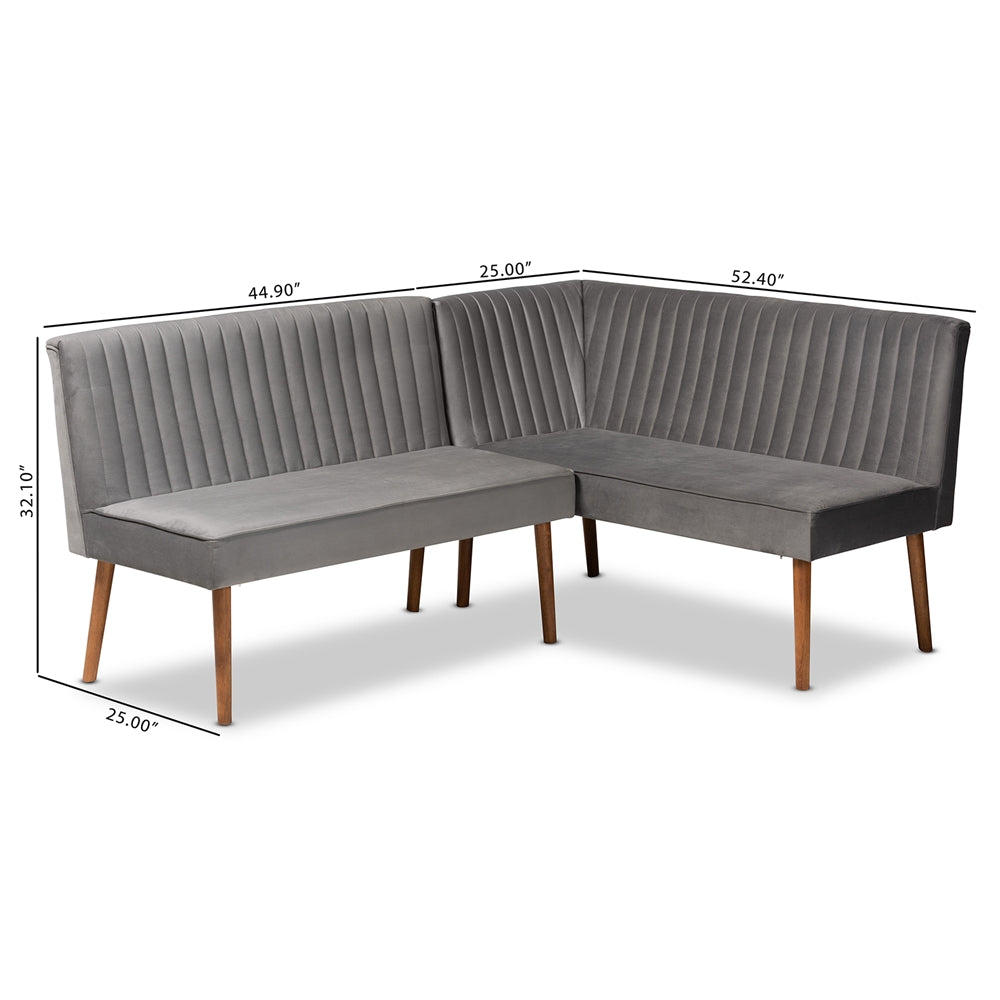 Alvis Mid-Century Modern Grey Velvet Upholstered and Walnut Brown Finished Wood 2-Piece Dining Nook Banquette Set