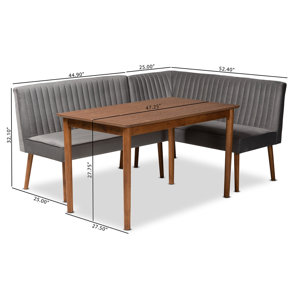 Alvis Mid-Century Modern Grey Velvet Upholstered and Walnut Brown Finished Wood 3-Piece Dining Nook Set