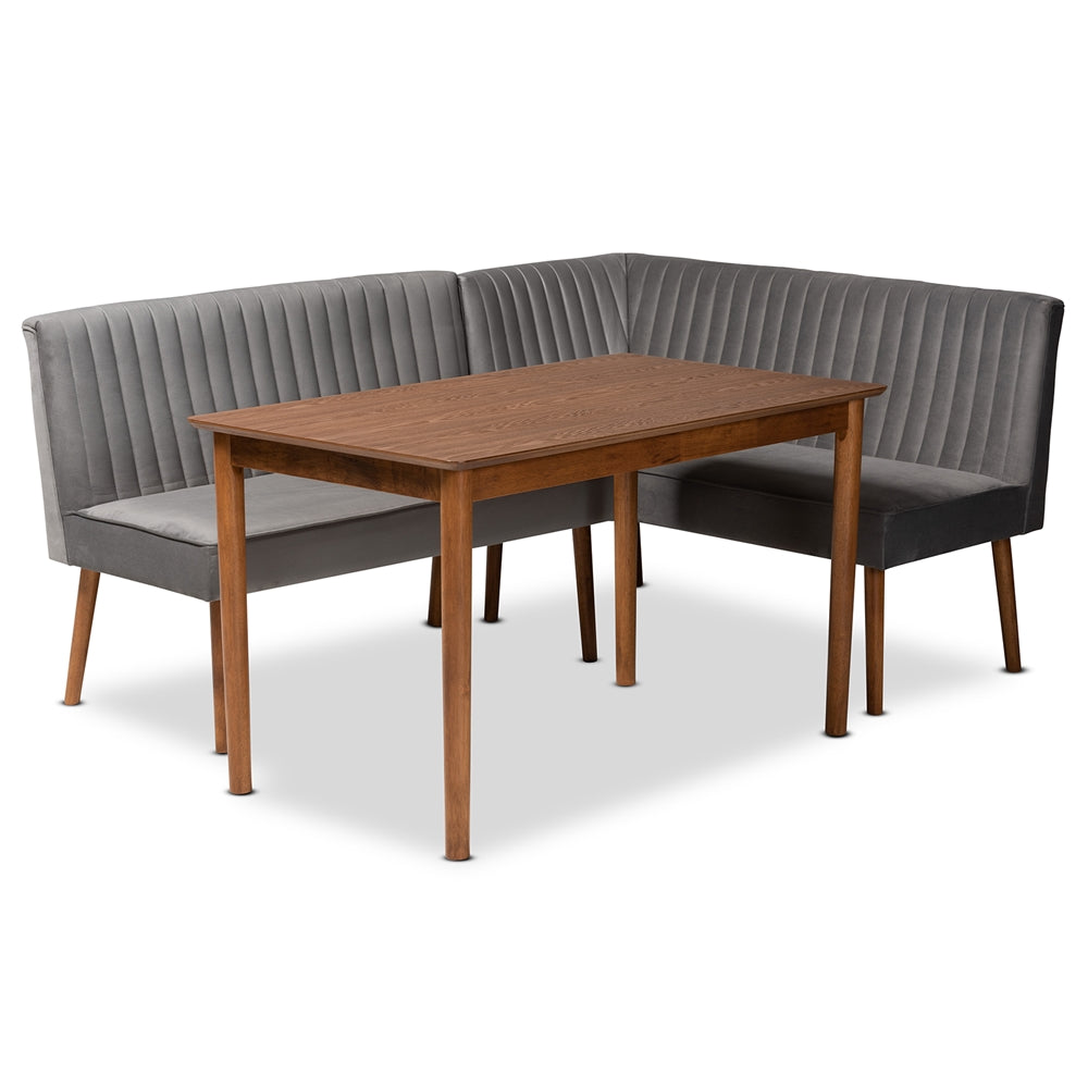 Alvis Mid-Century Modern Grey Velvet Upholstered and Walnut Brown Finished Wood 3-Piece Dining Nook Set
