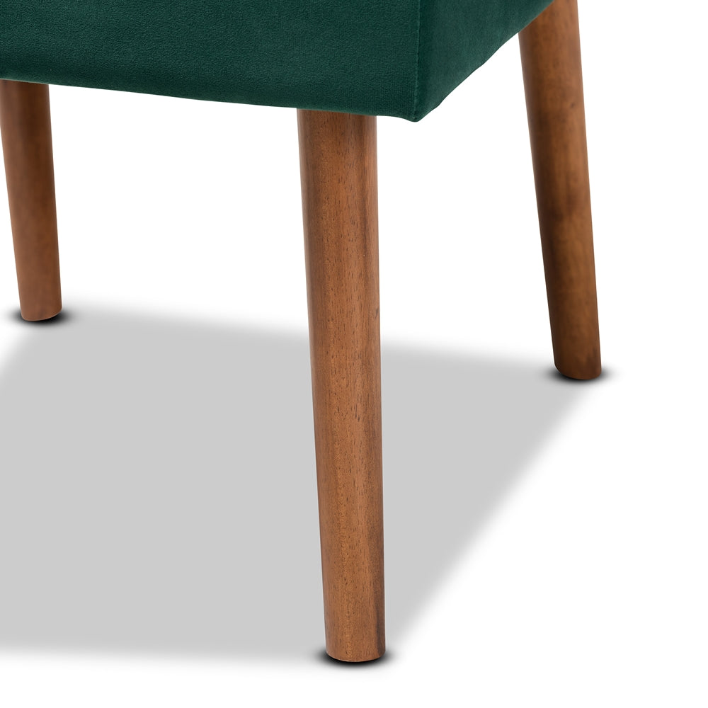 Alvis Mid-Century Modern Emerald Green Velvet Upholstered and Walnut Brown Finished Wood Dining Chair