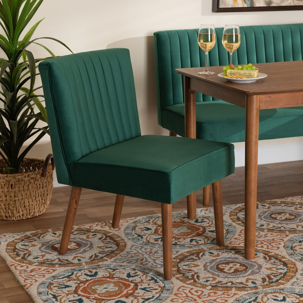 Alvis Mid-Century Modern Emerald Green Velvet Upholstered and Walnut Brown Finished Wood Dining Chair