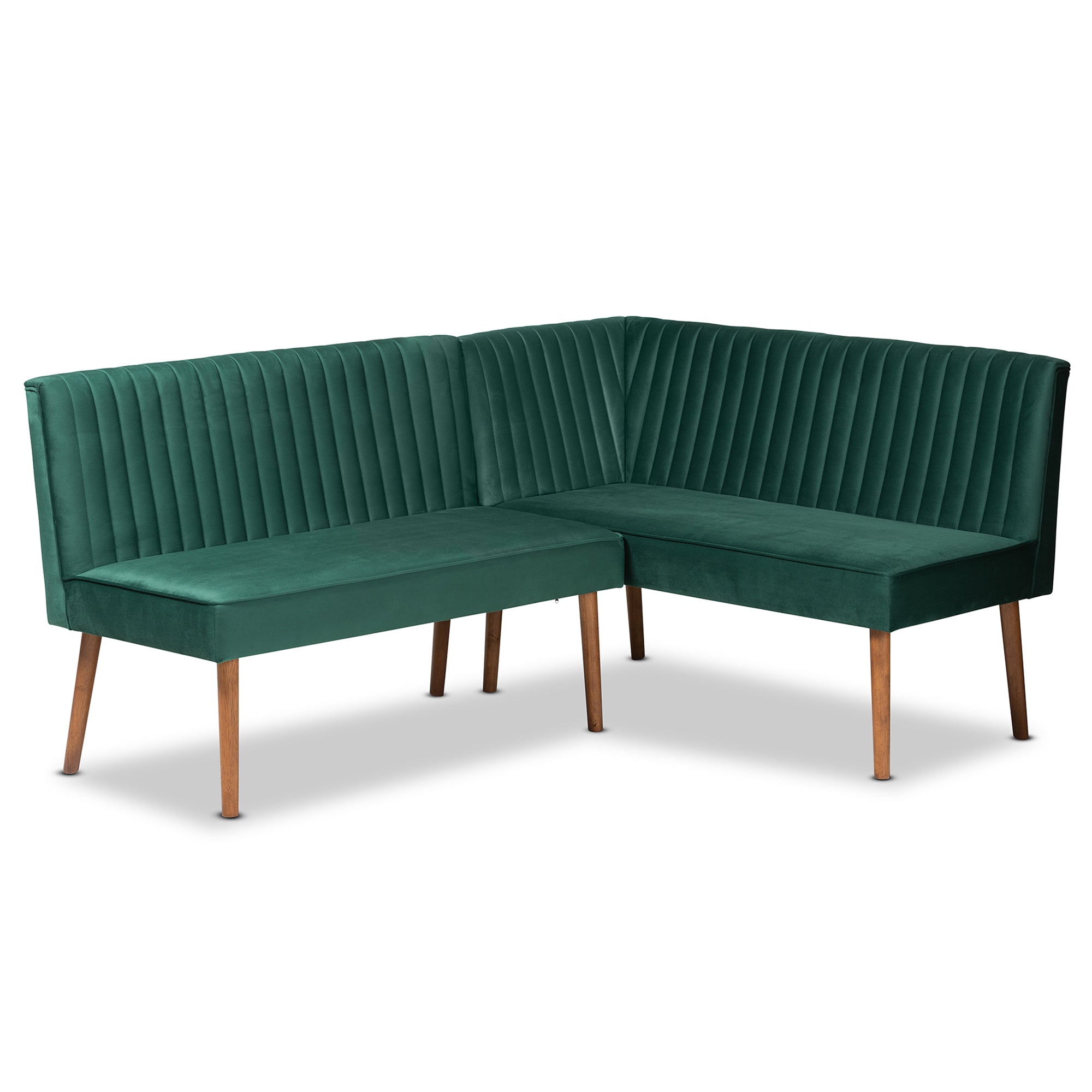 Baxton Studio Alvis Mid-Century Modern Emerald Green Velvet Upholstered and Walnut Brown Finished Wood 2-Piece Dining Nook Banquette Set