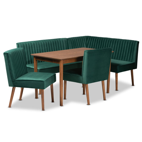 Alvis Mid-Century Modern Emerald Green Velvet Upholstered and Walnut Brown Finished Wood 5-Piece Dining Nook Set