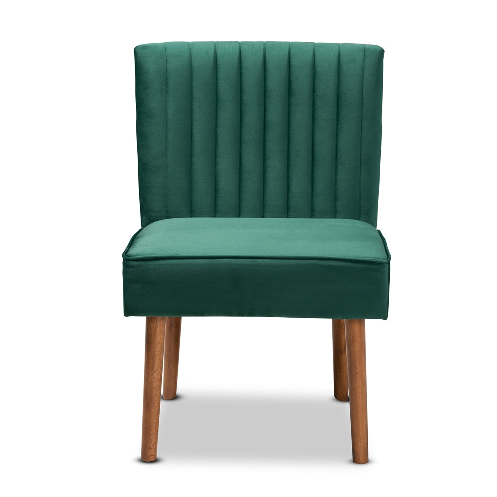 Alvis Mid-Century Modern Emerald Green Velvet Upholstered and Walnut Brown Finished Wood 5-Piece Dining Nook Set