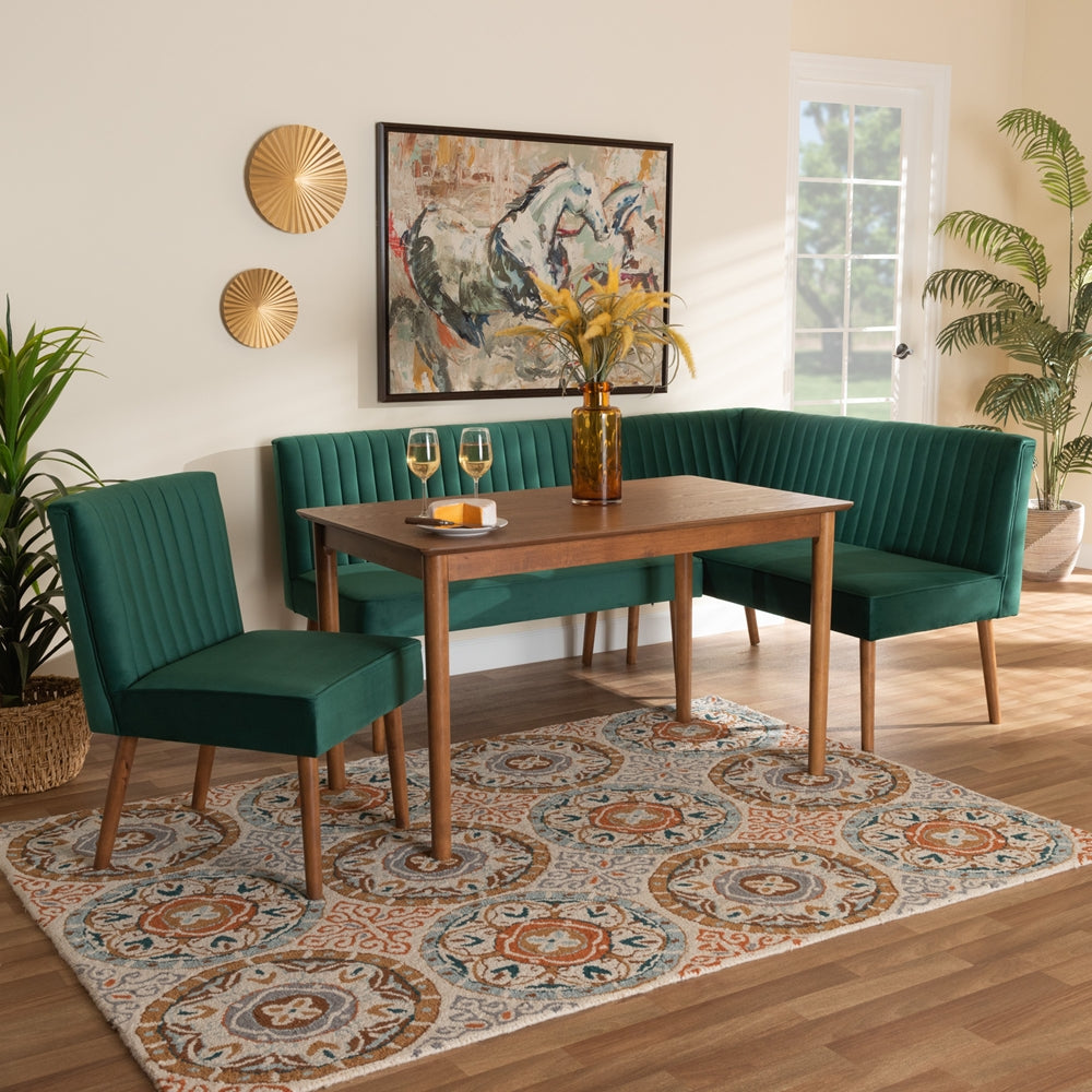 Alvis Mid-Century Modern Emerald Green Velvet Upholstered and Walnut Brown Finished Wood 4-Piece Dining Nook Set