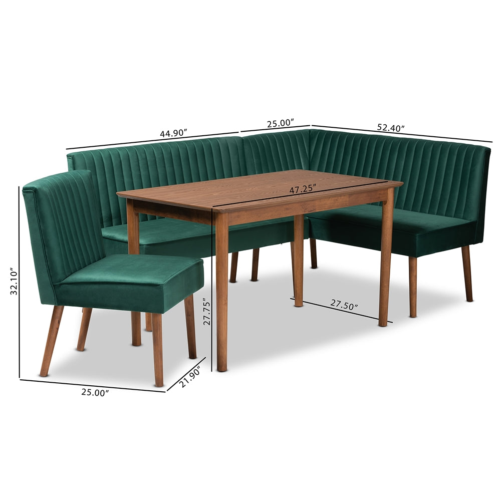 Alvis Mid-Century Modern Emerald Green Velvet Upholstered and Walnut Brown Finished Wood 4-Piece Dining Nook Set
