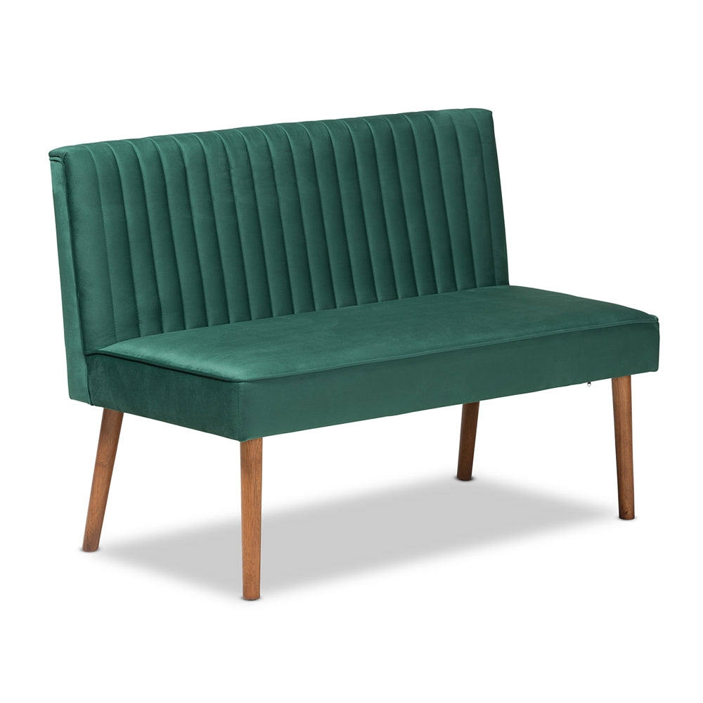 Alvis Mid-Century Modern Emerald Green Velvet Upholstered and Walnut Brown Finished Wood 4-Piece Dining Nook Set