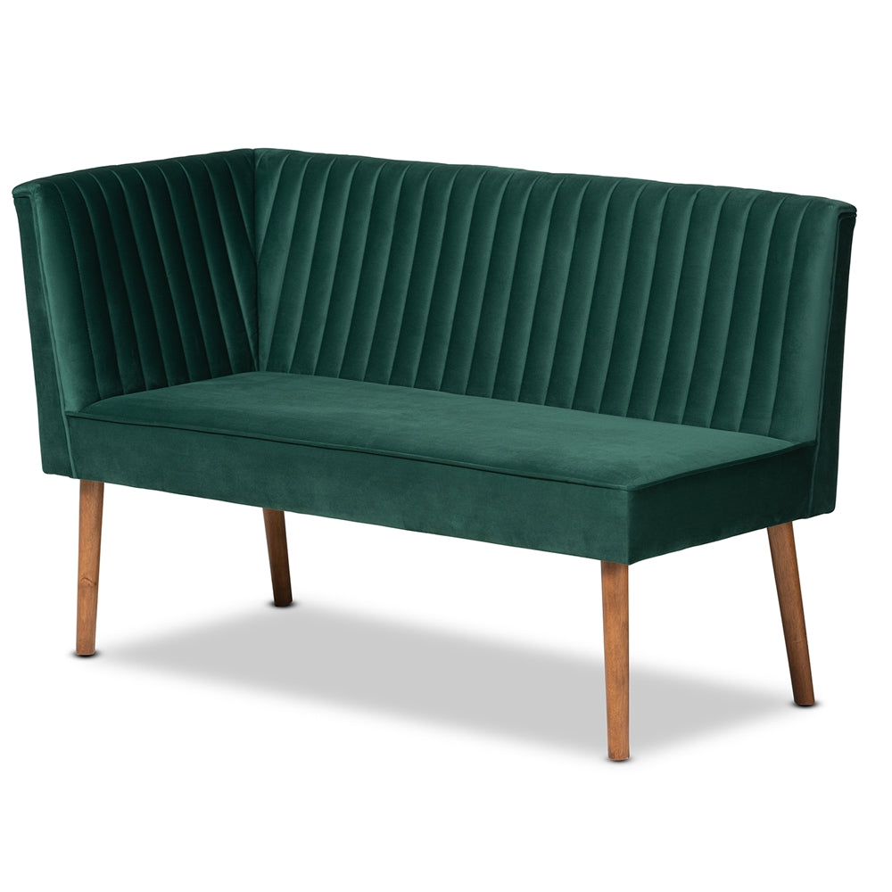 Alvis Mid-Century Modern Emerald Green Velvet Upholstered and Walnut Brown Finished Wood 4-Piece Dining Nook Set