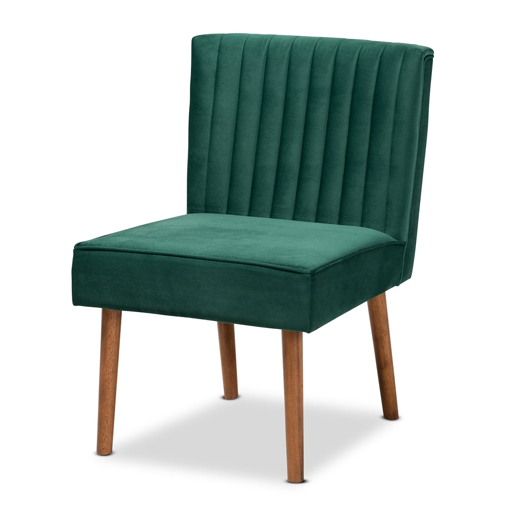 Alvis Mid-Century Modern Emerald Green Velvet Upholstered and Walnut Brown Finished Wood 4-Piece Dining Nook Set
