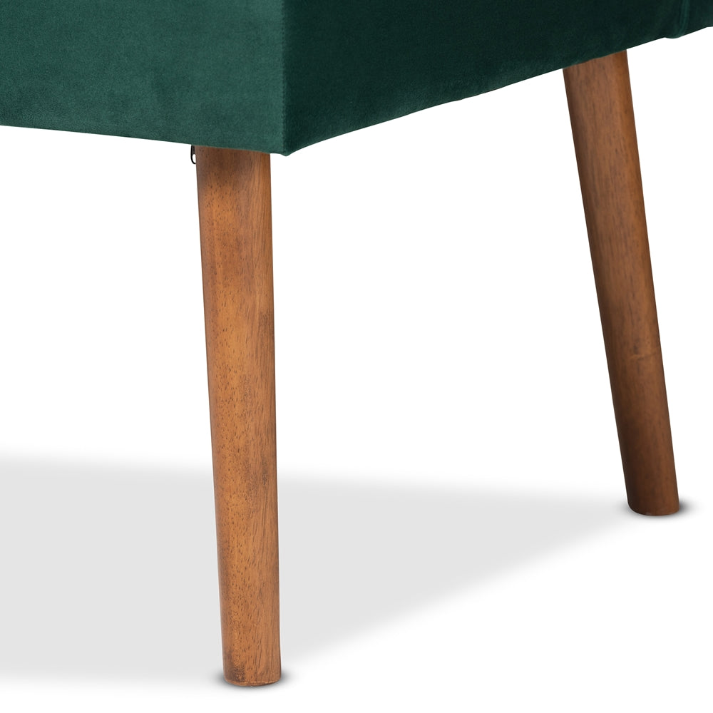Alvis Mid-Century Modern Emerald Green Velvet Upholstered and Walnut Brown Finished Wood 4-Piece Dining Nook Set
