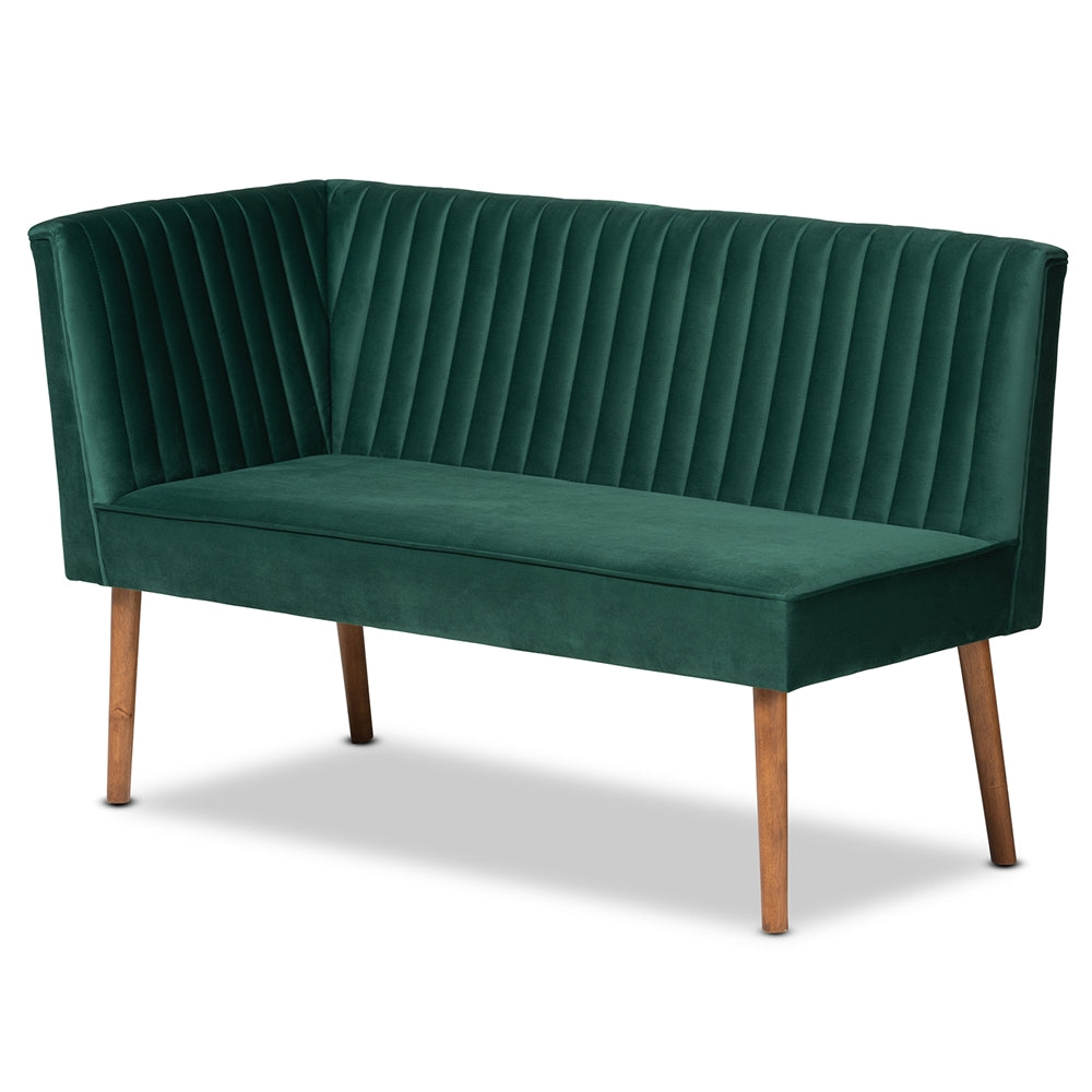 Alvis Mid-Century Modern Emerald Green Velvet Upholstered and Walnut Brown Finished Wood 2-Piece Dining Nook Banquette Set