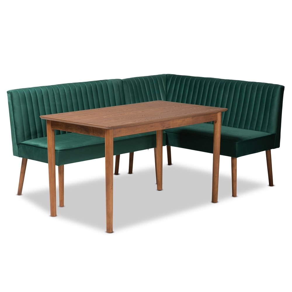 Alvis Mid-Century Modern Emerald Green Velvet Upholstered and Walnut Brown Finished Wood 3-Piece Dining Nook Set