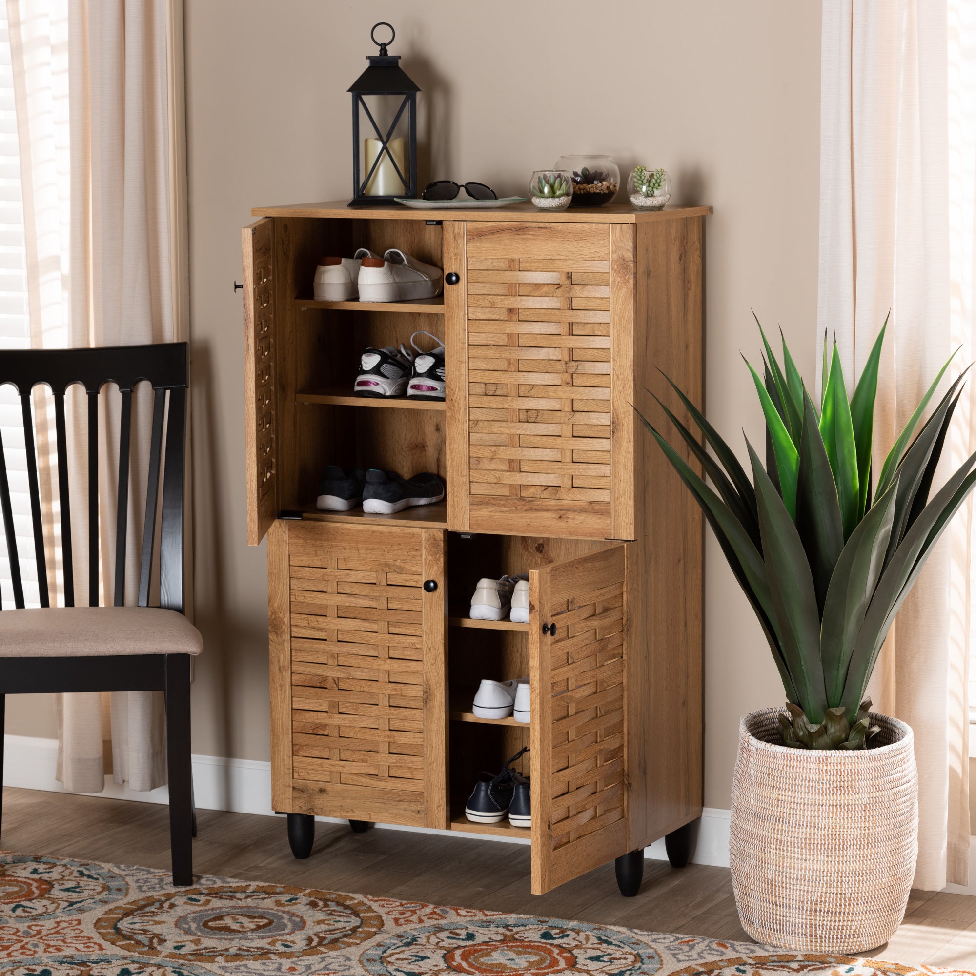 Winda Modern and Contemporary Oak Brown Finished Wood 4-Door Shoe Storage Cabinet