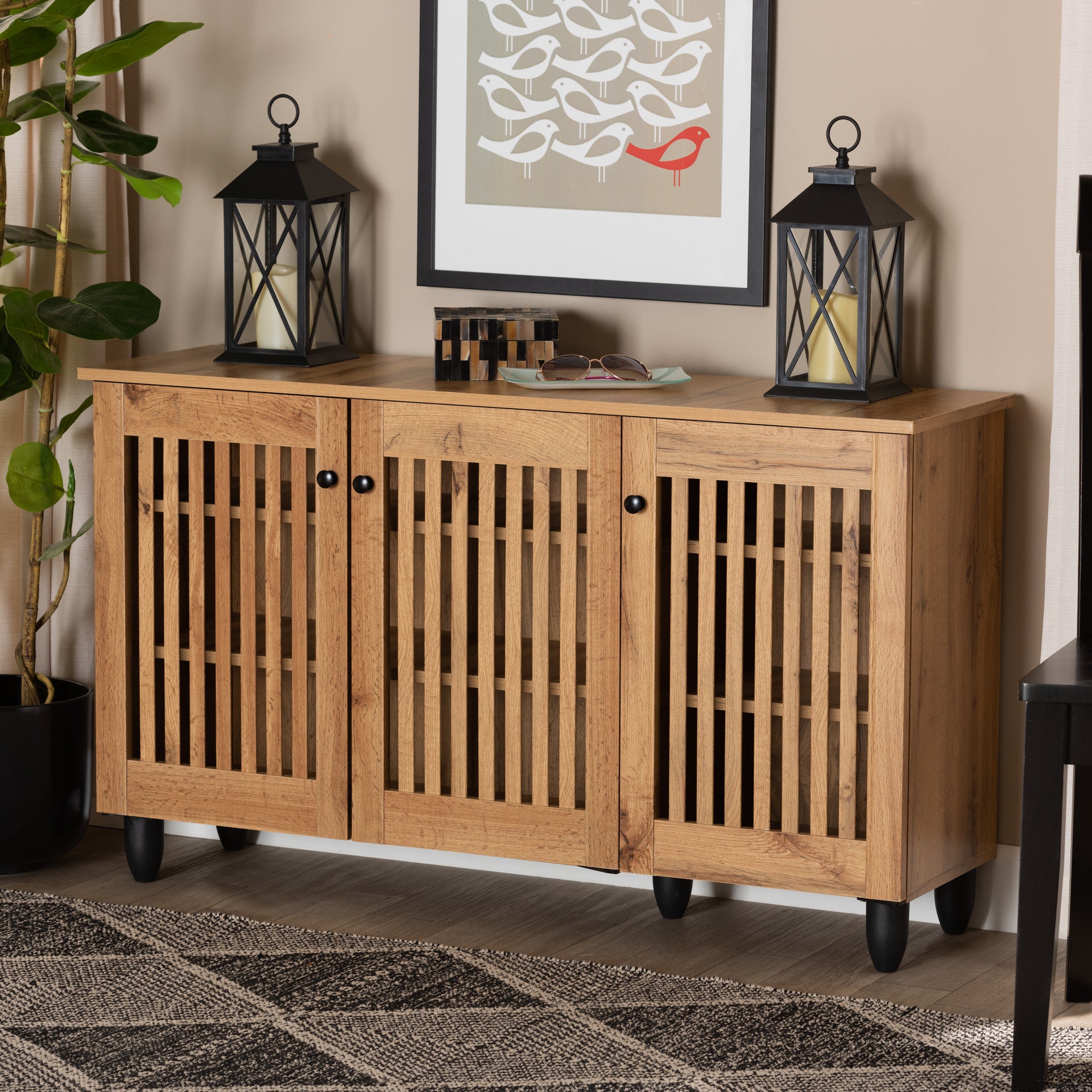 Fernanda Modern and Contemporary Oak Brown Finished Wood 3-Door Shoe Cabinet