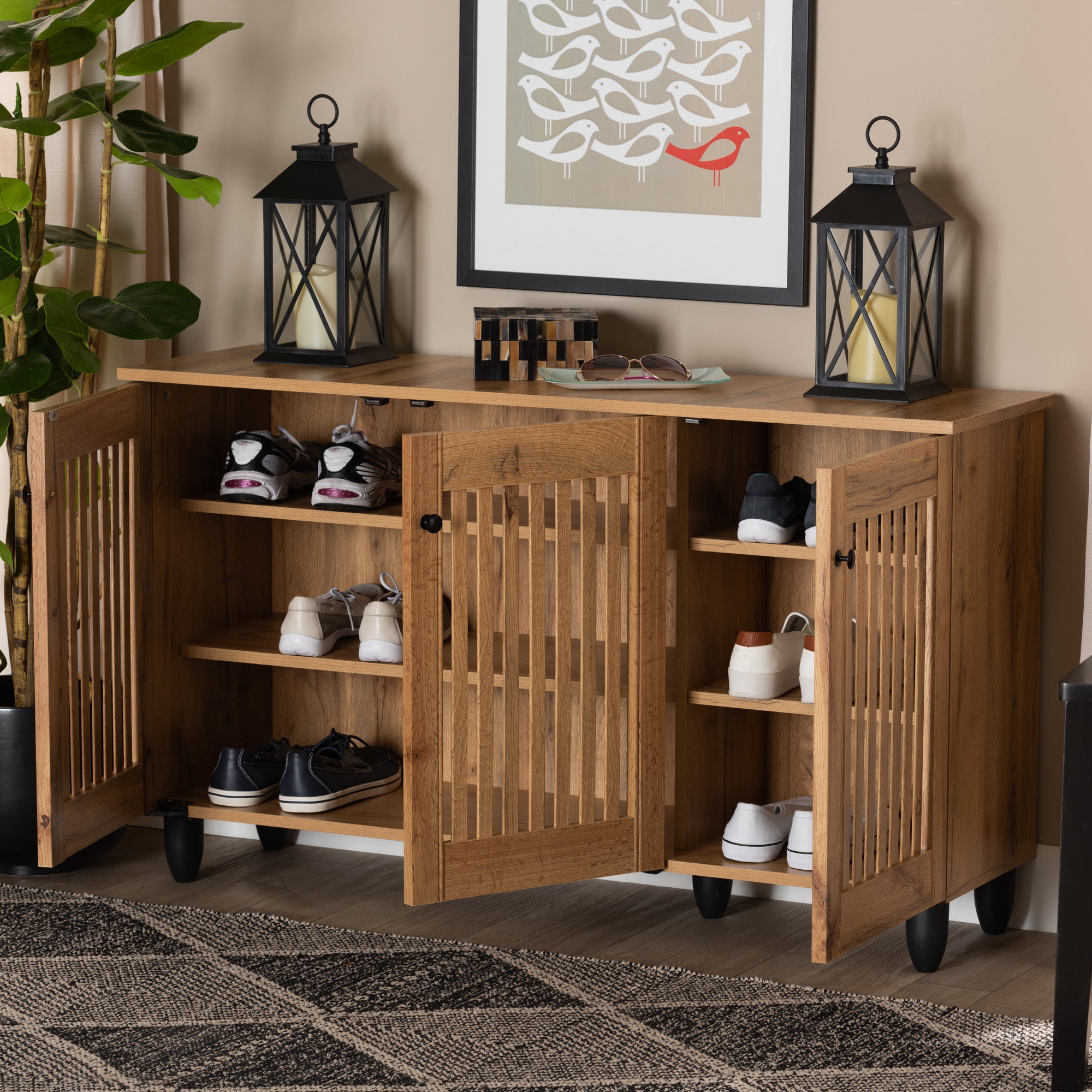 Fernanda Modern and Contemporary Oak Brown Finished Wood 3-Door Shoe Cabinet