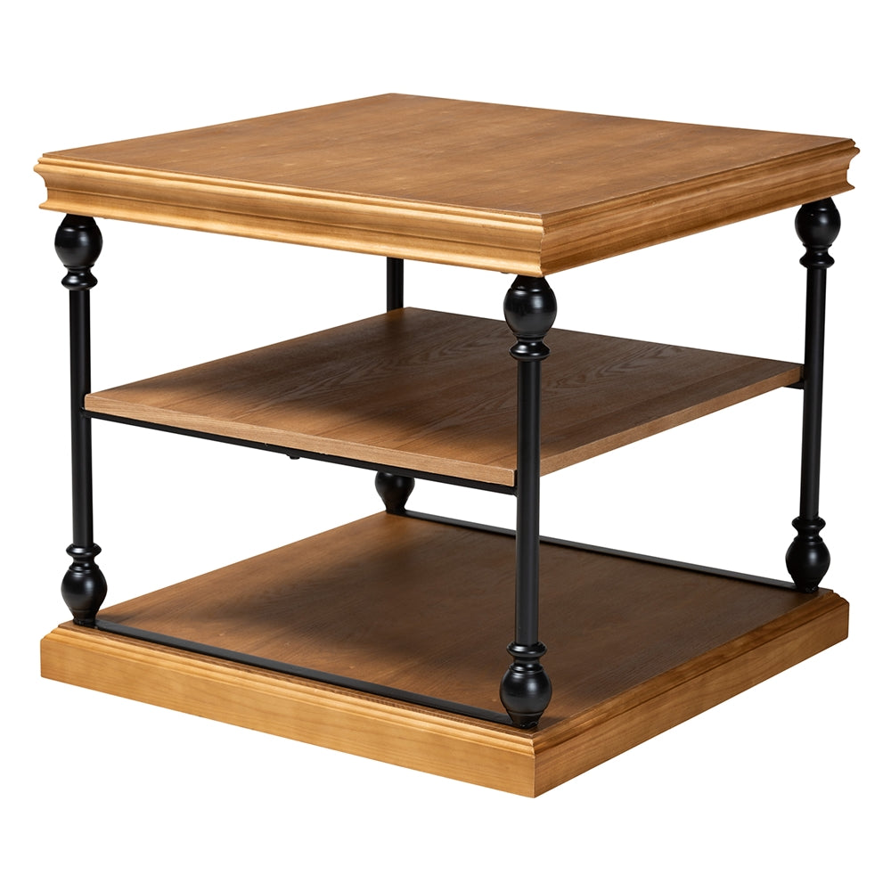 Sebastian Traditional Industrial Oak Brown Finished Wood and Black Metal 3-Tier End Table