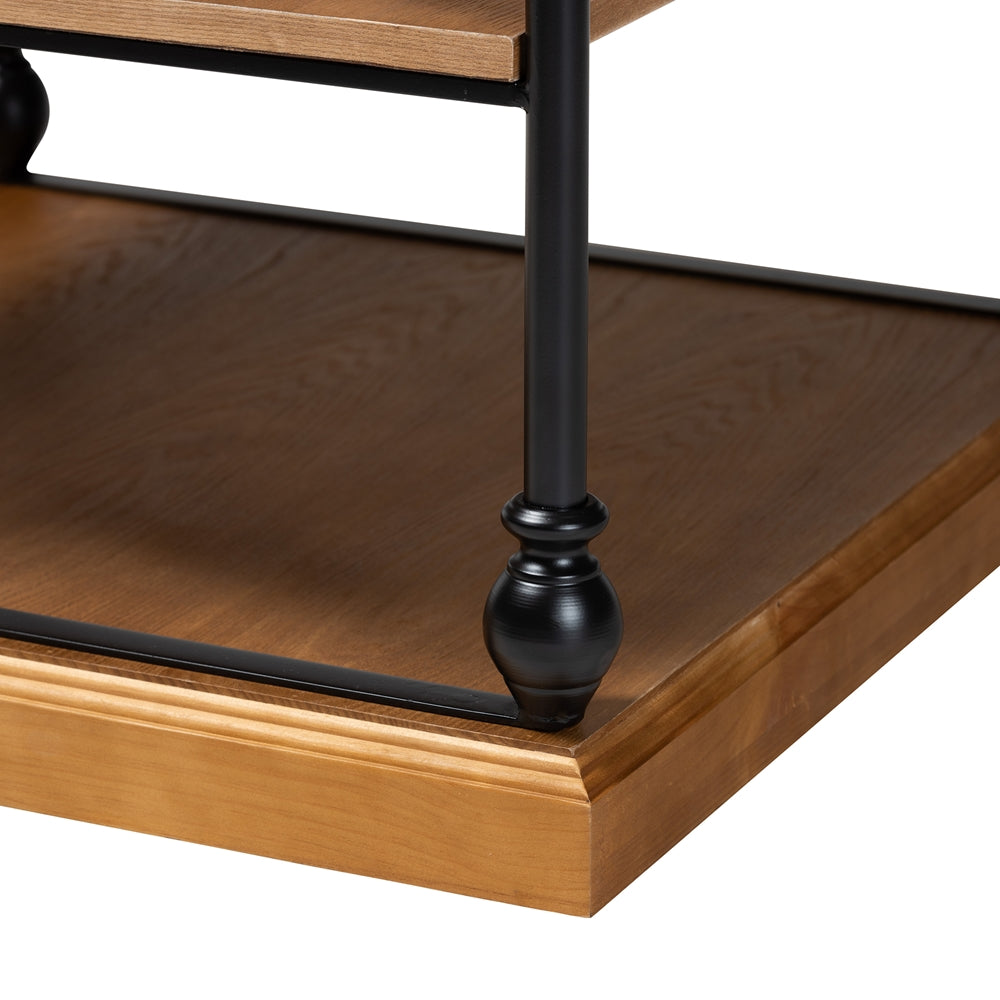 Sebastian Traditional Industrial Oak Brown Finished Wood and Black Metal 3-Tier End Table