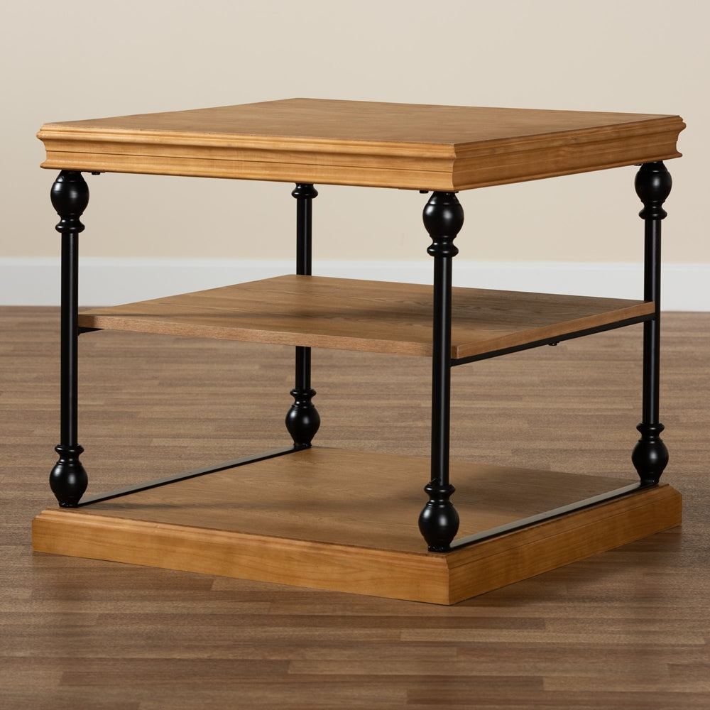 Sebastian Traditional Industrial Oak Brown Finished Wood and Black Metal 3-Tier End Table