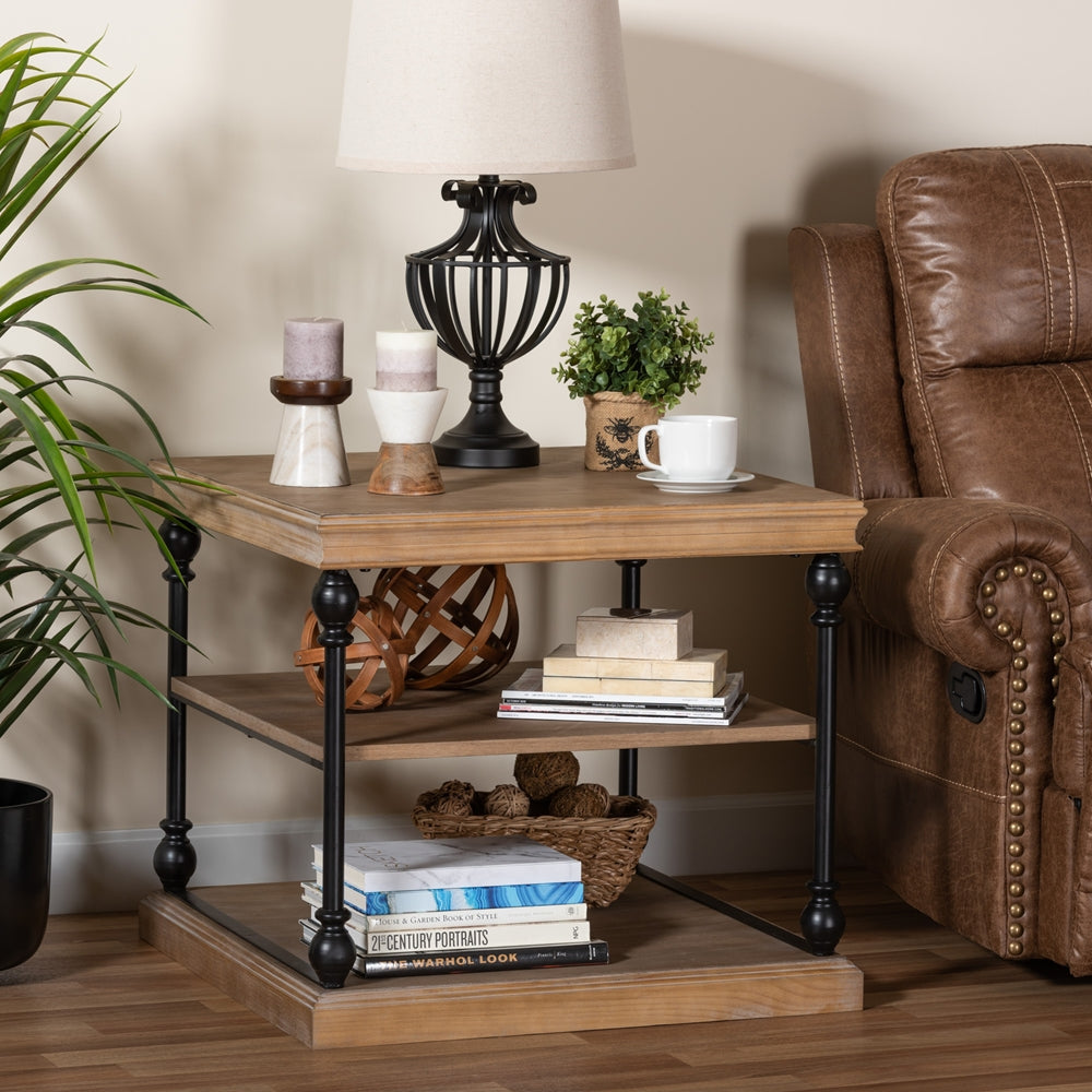 Sebastian Traditional Industrial Greywashed Wood and Black Metal 3-Tier End Table