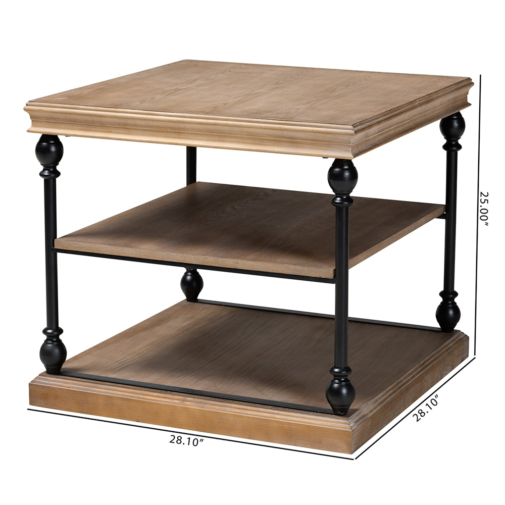 Sebastian Traditional Industrial Greywashed Wood and Black Metal 3-Tier End Table