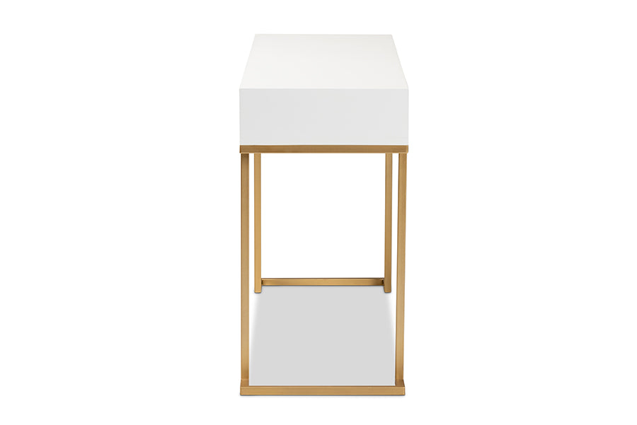Beagan Modern and Contemporary White Finished Wood and Gold Metal 2-Drawer Console Table