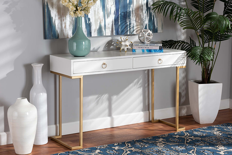 Beagan Modern and Contemporary White Finished Wood and Gold Metal 2-Drawer Console Table
