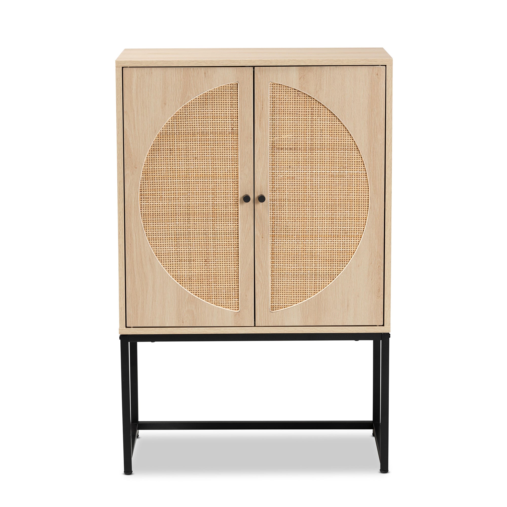Ardon Bohemian Light Brown Finished Wood and Black Metal 2-Door Storage Cabinet with Natural Rattan