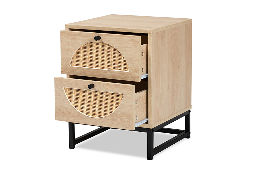 Ardon Bohemian Light Brown Finished Wood and Black Metal 2-Drawer End Table with Natural Rattan