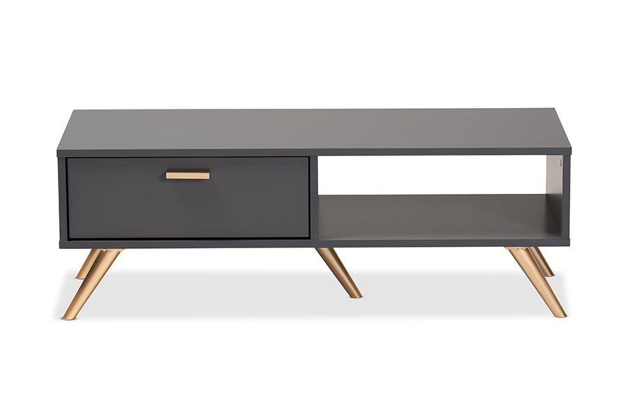 Kelson Modern and Contemporary Dark Grey and Gold Finished Wood Coffee Table