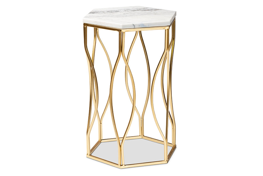 Kalena Modern and Contemporary Gold Metal End Table with Marble Tabletop