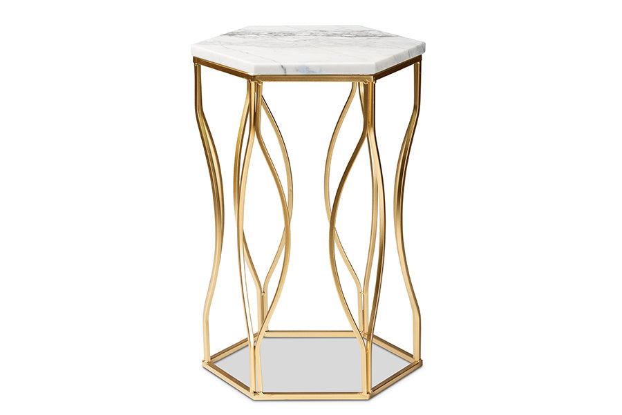 Kalena Modern and Contemporary Gold Metal End Table with Marble Tabletop