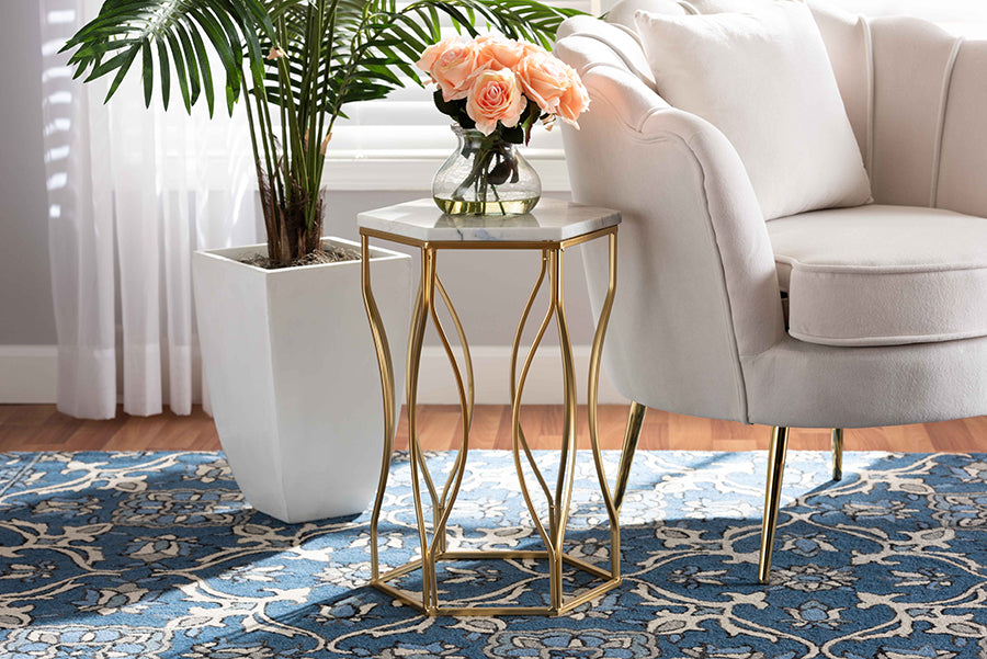 Kalena Modern and Contemporary Gold Metal End Table with Marble Tabletop