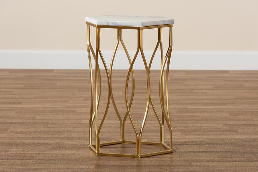 Kalena Modern and Contemporary Gold Metal End Table with Marble Tabletop
