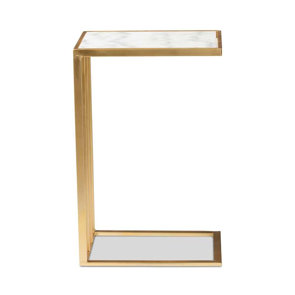 Parkin Modern and Contemporary Gold Finished Metal C Shaped End Table with Marble Tabletop