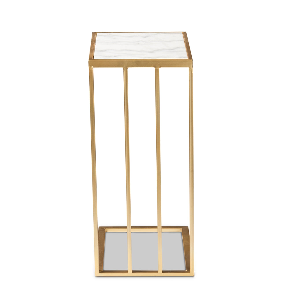 Parkin Modern and Contemporary Gold Finished Metal C Shaped End Table with Marble Tabletop