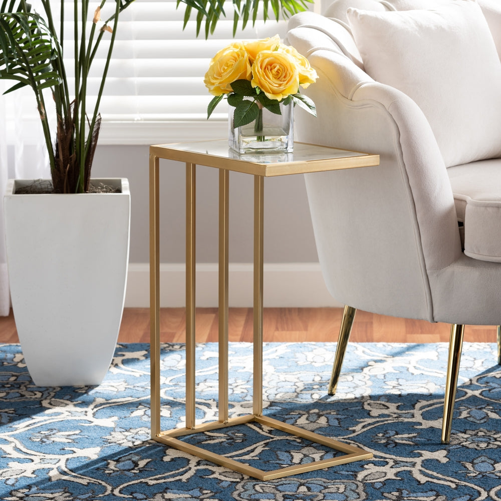 Parkin Modern and Contemporary Gold Finished Metal C Shaped End Table with Marble Tabletop